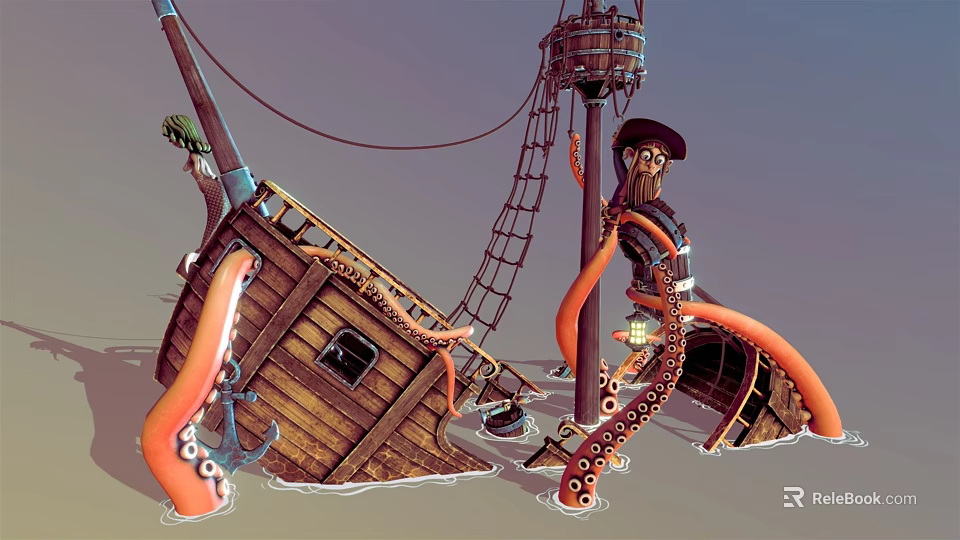 Pirate Themed Playground Equipment With Wooden Ship Octopus Tentacles And Pirate Figure 3d model 