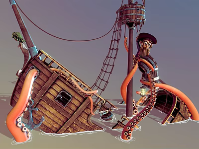Pirate Themed Playground Equipment With Wooden Ship Octopus Tentacles And Pirate Figure 3d model