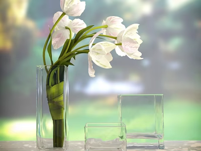 Transparent Glass Vase With White Flowers And Small Clear Containers On Table 3d model