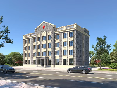School Building with Red Star Top Gray Brick Exterior Multi Story Surrounding Trees Front Road 3d model