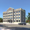 School Building with Red Star Top Gray Brick Exterior Multi Story Surrounding Trees Front Road
