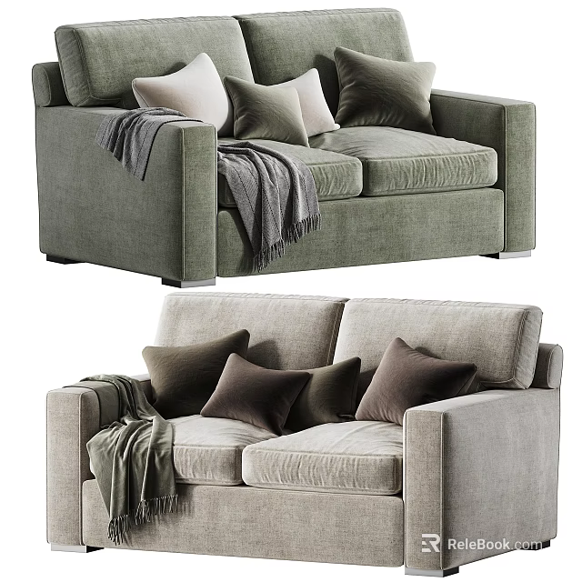 Modern Green and Light Gray Two-Seater Sofas With Soft Throw Pillows and Cozy Blankets 3d model