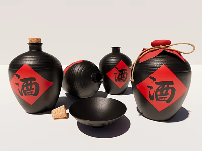 Black Wine Jars With Red Wine Character Labels And Cork Stoppers And Black Bowl 3d model