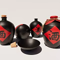 Black Wine Jars With Red Wine Character Labels And Cork Stoppers And Black Bowl