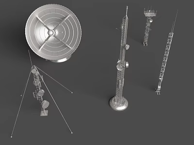 Various Metallic Satellite Dishes Communication Towers And Antenna Structures For Telecom Signals 3d model