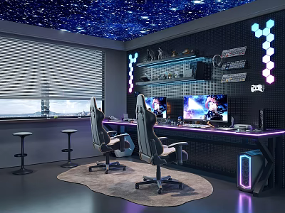 Modern Gaming Room Setup With Starry Ceiling Dual Monitors Gaming Chairs And Neon Lights 3d model