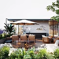 Roof Terrace Courtyard Garden With Outdoor Dining Table Umbrella Sofa Green Plants And Bar Counter