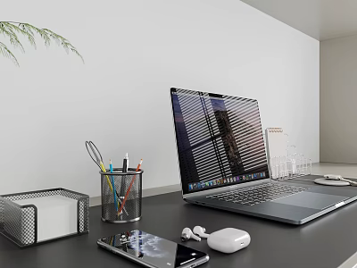 Modern Workspace Desk With Laptop Smartphone Wireless Earbuds Pen Holder And Green Plant 3d model