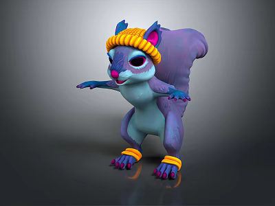 Cartoon Squirrel Character With Purple Blue Body Yellow Knitted Hat And Ankle Bands Outstretched Arms 3d model