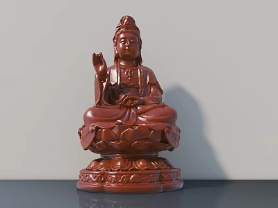 Carved Wooden Guanyin Sculpture Sitting On Intricate Lotus Base With Detailed Design 3d model