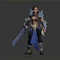 Brave Female Warrior In Blue Brown Armor Holding Long Sword