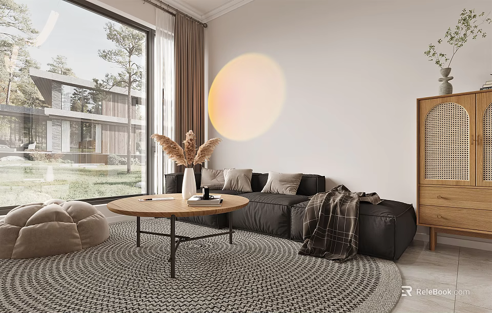 Modern Living Room Interior With Large Window Black Sofa Round Rug And Wooden Table 3d model 