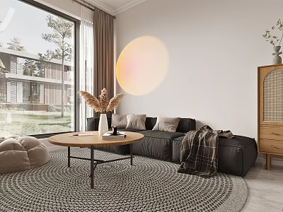 Modern Living Room Interior With Large Window Black Sofa Round Rug And Wooden Table 3d model