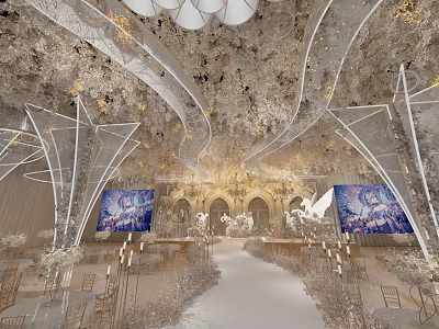 Elegant Banquet Hall With Arched Doorways Long Aisle Flower Arrangements And Gold Decorative Accents 3d model