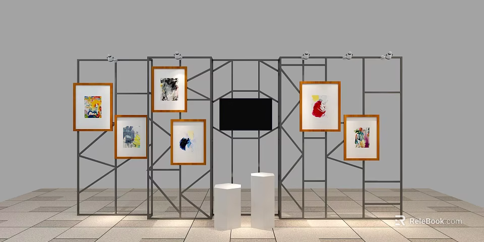 Event Display Wall With Metal Frame Multiple Art Paintings And White Pedestals 3d model 