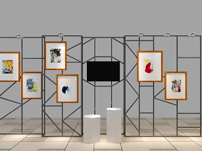 Event Display Wall With Metal Frame Multiple Art Paintings And White Pedestals 3d model