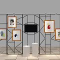Event Display Wall With Metal Frame Multiple Art Paintings And White Pedestals