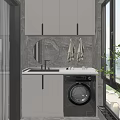 Modern Bathroom Vanity Cabinet With Round Mirror White Countertop Hanging Towels And Washing Machine