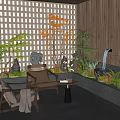 Indoor Landscape Design With Lattice Screen Wooden Wall Greenery Water Feature And Rattan Seating Area