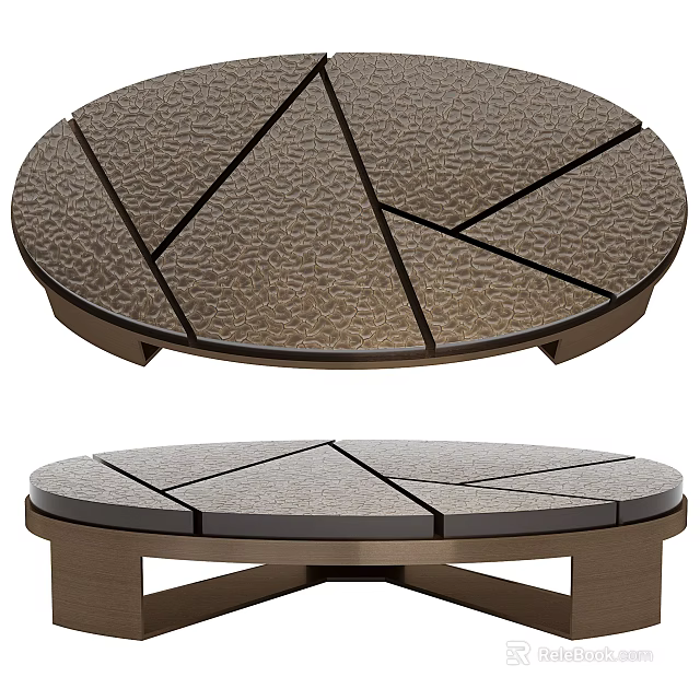 Round Coffee Table With Geometric Lines Textured Surface And Wooden Base 3d model 