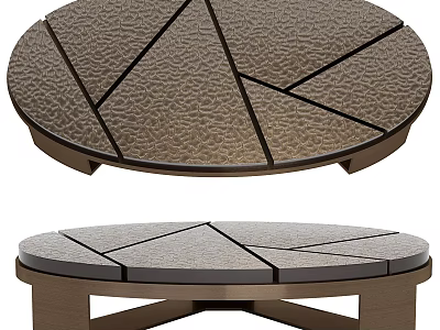 Round Coffee Table With Geometric Lines Textured Surface And Wooden Base 3d model