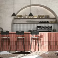 Modern Café Interior With Geometric Pendant Lights Arched Doorway And Patterned Flooring
