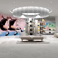 Shoe and Bag Specialty Store Interior With Circular Display Stand Shelves Sofas And Background Posters
