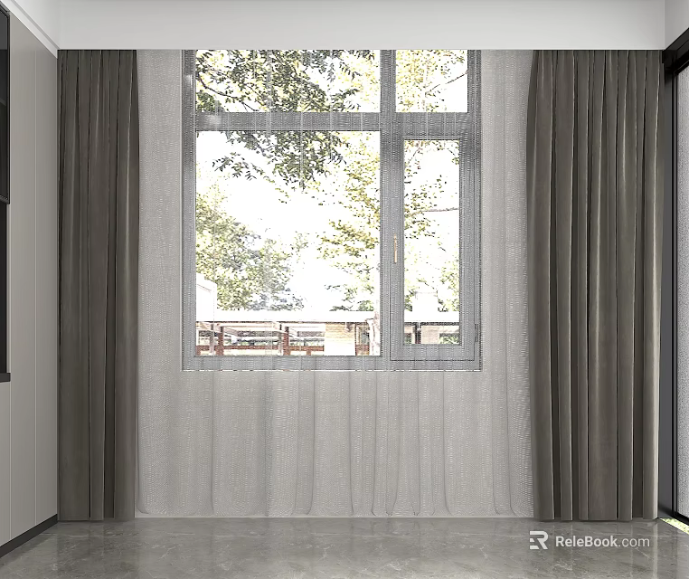 Gray Sheer and Thick Curtains in Modern Room with Large Window and Green Trees 3d model 