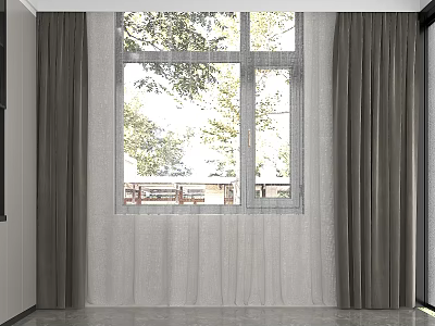 Gray Sheer and Thick Curtains in Modern Room with Large Window and Green Trees 3d model