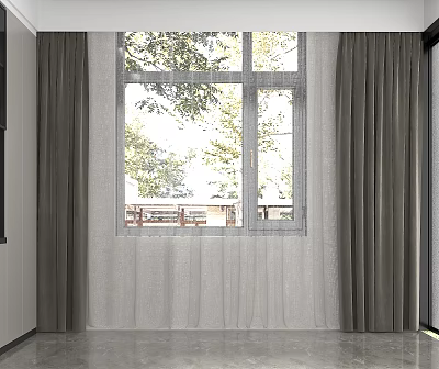 Gray Sheer and Thick Curtains in Modern Room with Large Window and Green Trees 3d model