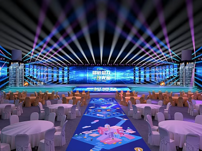 Modern Event Venue With Stage Lighting And Round Tables 3d model