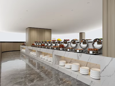 Modern Buffet Dining Table With Marble Countertop Wooden Accents Stacked Plates And Round Mirrors 3d model