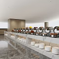 Modern Buffet Dining Table With Marble Countertop Wooden Accents Stacked Plates And Round Mirrors