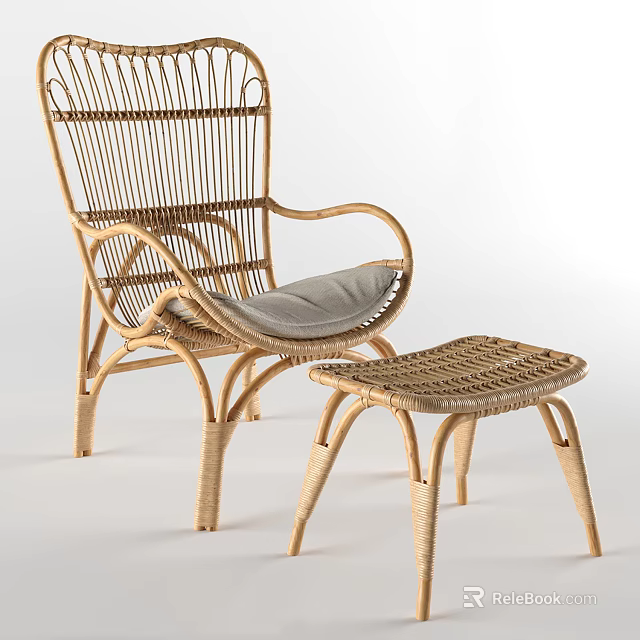 Natural Rattan Leisure Chair With Matching Ottoman And Comfortable Gray Cushion 3d model 