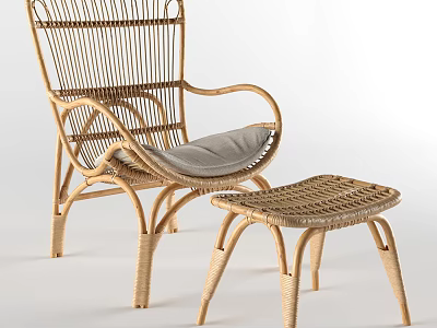 Natural Rattan Leisure Chair With Matching Ottoman And Comfortable Gray Cushion 3d model