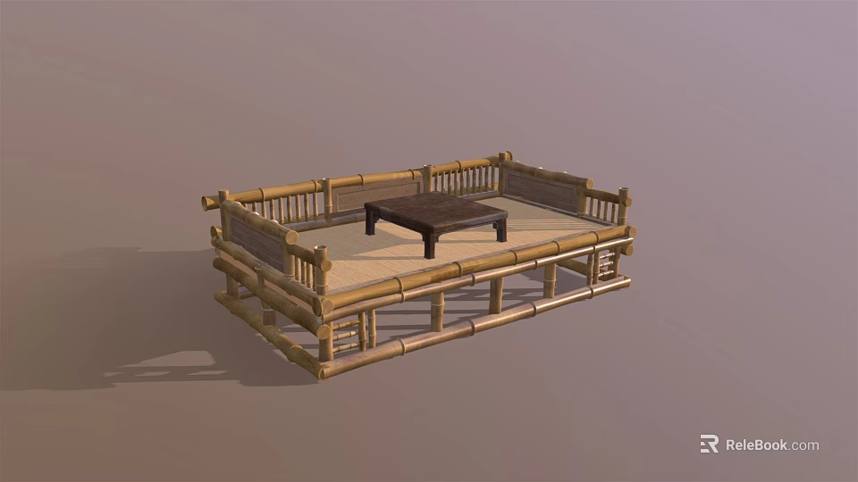 Classic Bamboo Luohan Bed With Railings And Small Coffee Table Structure 3d model 