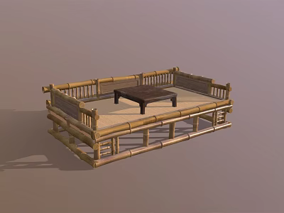 Classic Bamboo Luohan Bed With Railings And Small Coffee Table Structure 3d model