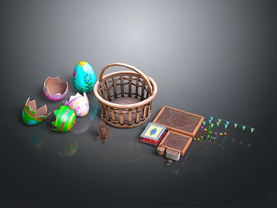 Colorful Easter Eggs In Wicker Basket With Decorative Items And Flags 3d model