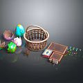 Colorful Easter Eggs In Wicker Basket With Decorative Items And Flags 3d model