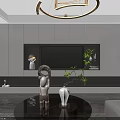 Modern Living Room TV Background Wall With White Panels Built-in TV Green Plants And Sculpture