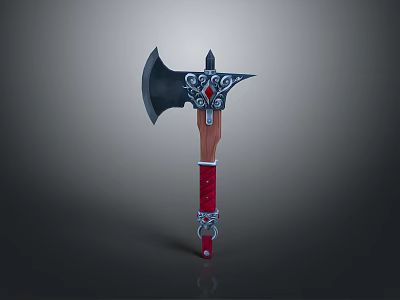 Ornate Fantasy Battle Axe With Red Handle And Silver Decorative Accents 3d model