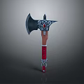 Ornate Fantasy Battle Axe With Red Handle And Silver Decorative Accents