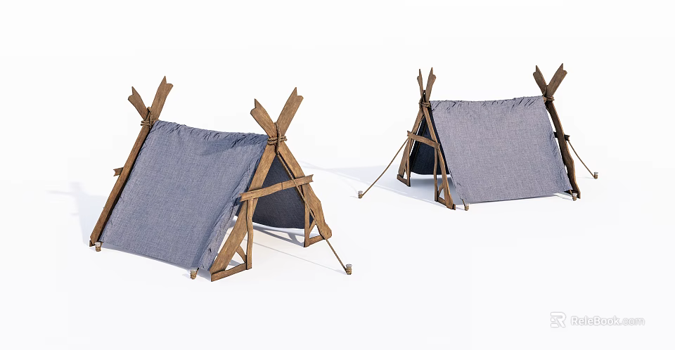 Two Outdoor Camping Tents With Wooden Frames And Blue Canvas Covers 3d model 