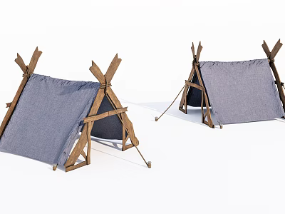 Two Outdoor Camping Tents With Wooden Frames And Blue Canvas Covers 3d model