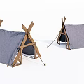 Two Outdoor Camping Tents With Wooden Frames And Blue Canvas Covers