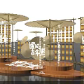 Chinese Style Carnival Stage with Wooden Platforms Lantern Backdrops and Umbrella Shaped Decor