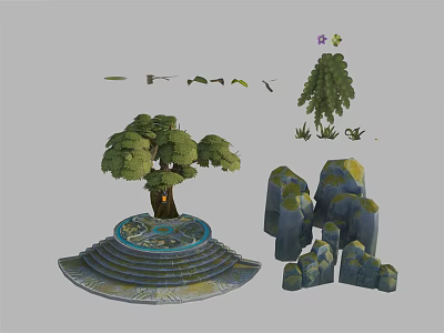 Cartoon Scene Design Featuring Stepped Platform Tree Rocks Small Plants And Flying Birds 3d model