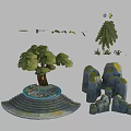 Cartoon Scene Design Featuring Stepped Platform Tree Rocks Small Plants And Flying Birds 3d model