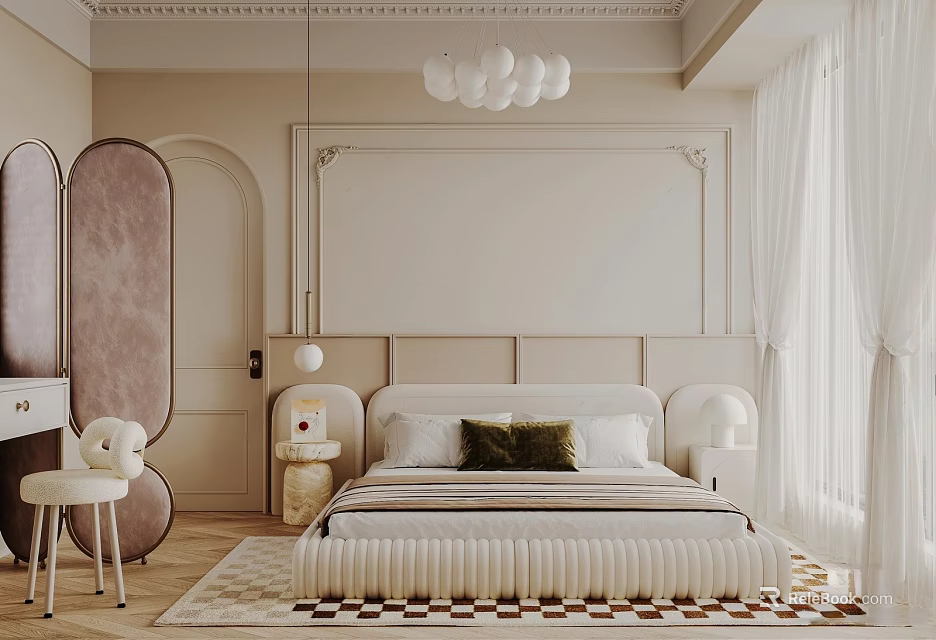 Elegant Modern Bedroom Interior With Soft Headboard Plush Pillows Checkered Rug And Pendant Lights 3d model 