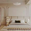 Elegant Modern Bedroom Interior With Soft Headboard Plush Pillows Checkered Rug And Pendant Lights